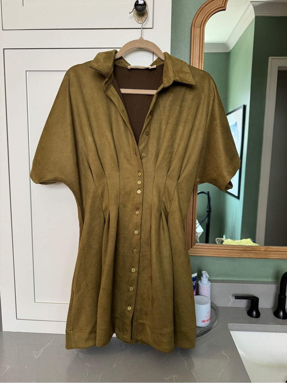 Anthropologie Olive Button-Front Short Sleeve Shirt Dress